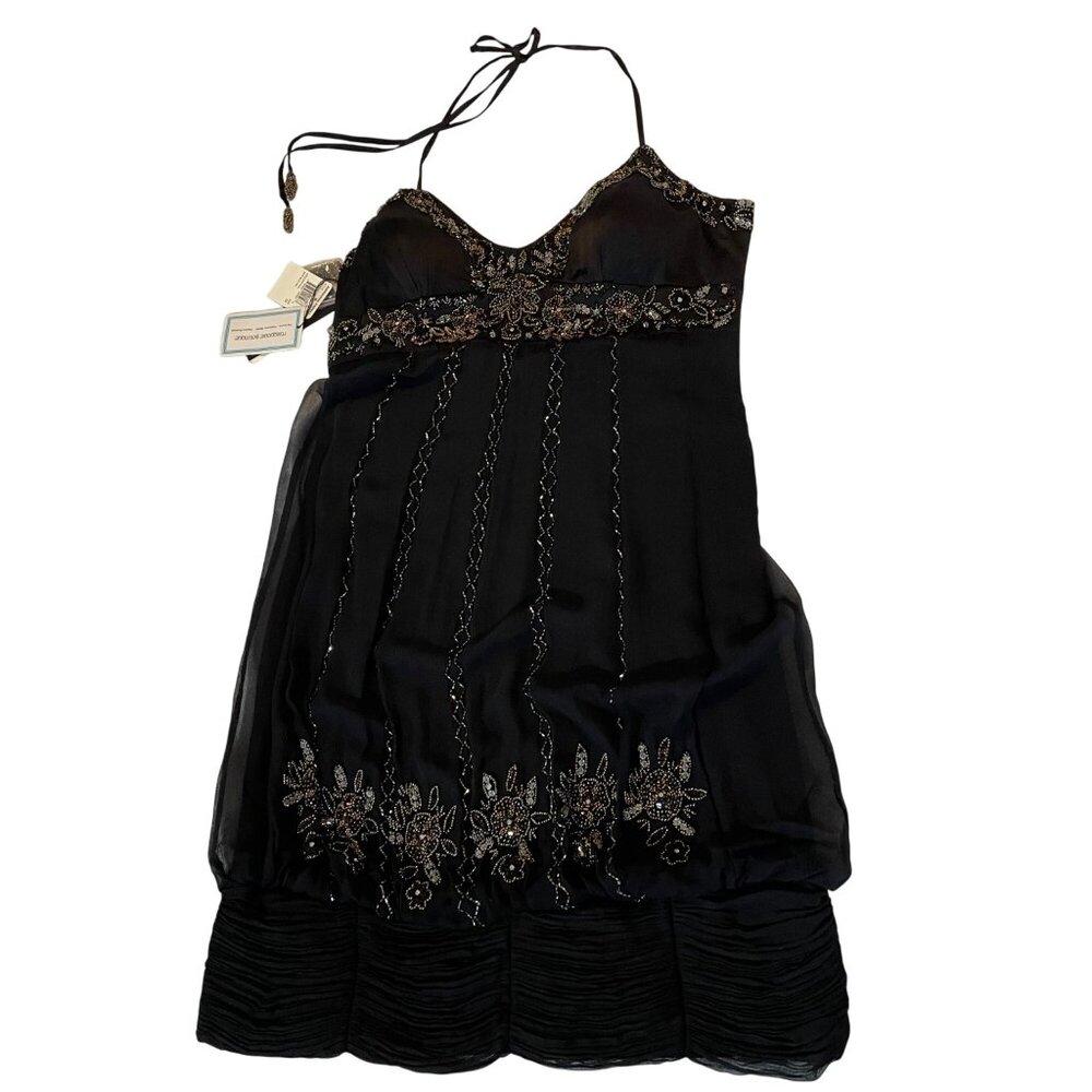 Adrianna Papell Black Beaded Halter Dress Size 12 Tags attached